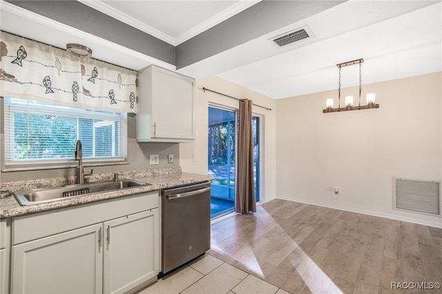 kitchen featuring dishwasher, crown molding, sink, hanging light fixtures, and white cabinetry