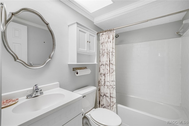 full bathroom featuring shower / bath combo, vanity, toilet, and crown molding