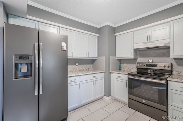 kitchen with white cabinets, light stone countertops, a textured ceiling, ornamental molding, and stainless steel appliances