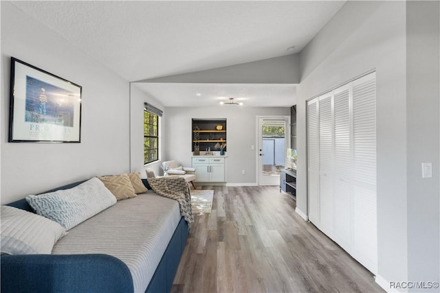 living area featuring baseboards, lofted ceiling, plenty of natural light, and wood finished floors