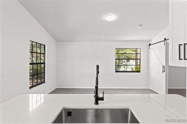 kitchen featuring a sink, a barn door, lofted ceiling, and light countertops