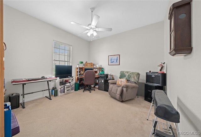 office area featuring light colored carpet and ceiling fan