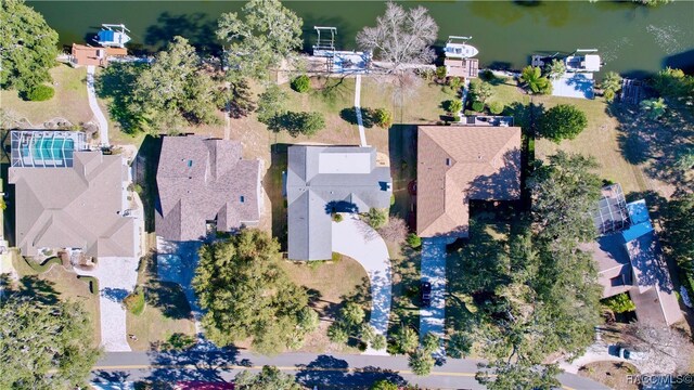 drone / aerial view featuring a water view