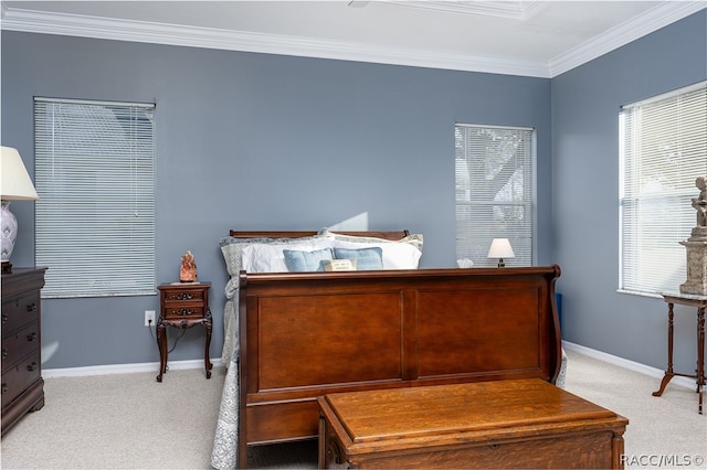 carpeted bedroom featuring ornamental molding