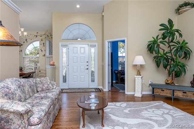 foyer with dark hardwood / wood-style flooring, a high ceiling, and an inviting chandelier