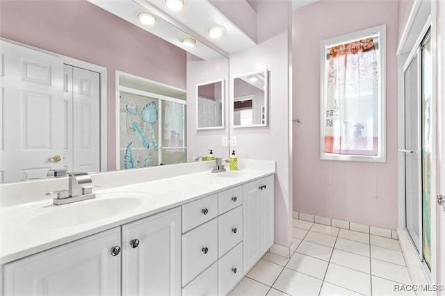 bathroom featuring tile patterned floors, vanity, and a shower with shower door