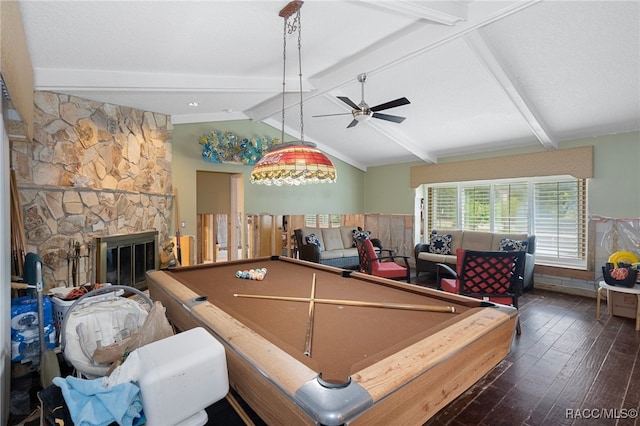 recreation room with ceiling fan, dark wood-type flooring, lofted ceiling with beams, billiards, and a fireplace