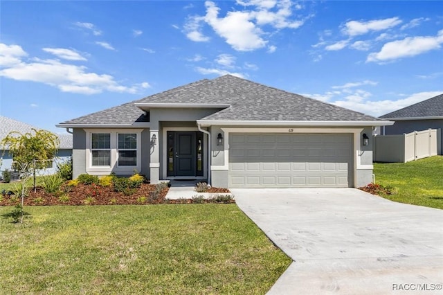 ranch-style home featuring fence, driveway, stucco siding, a front lawn, and a garage