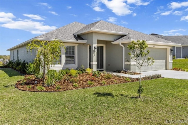 single story home featuring a front yard, driveway, an attached garage, a shingled roof, and stucco siding