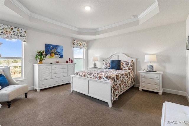 bedroom with a raised ceiling, baseboards, dark carpet, and ornamental molding