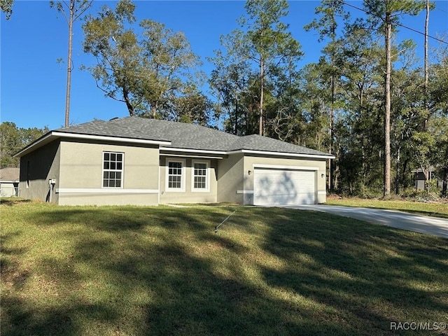 single story home featuring a front yard and a garage