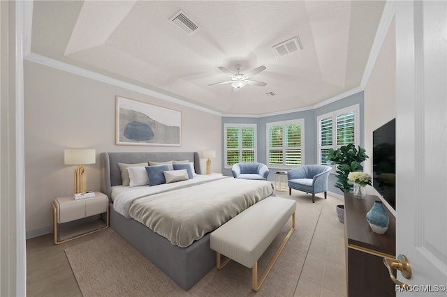 bedroom with light tile patterned floors, ceiling fan, and crown molding