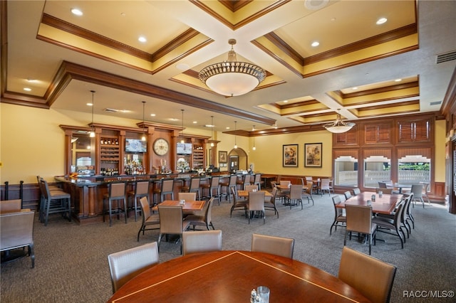 dining area with beamed ceiling, coffered ceiling, ornamental molding, and carpet flooring