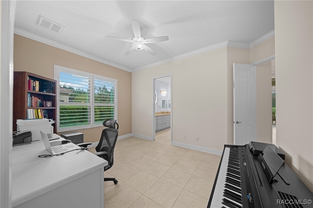 tiled office featuring ceiling fan and crown molding