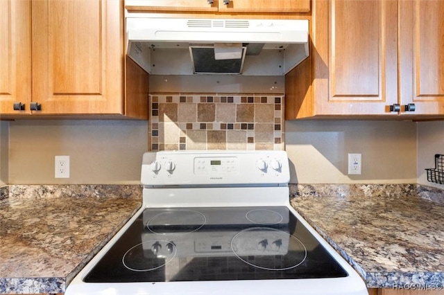 9780 W Tennessee Ln, Crystal River, FL 34428 - kitchen with decorative backsplash, white stove, and dark stone countertops