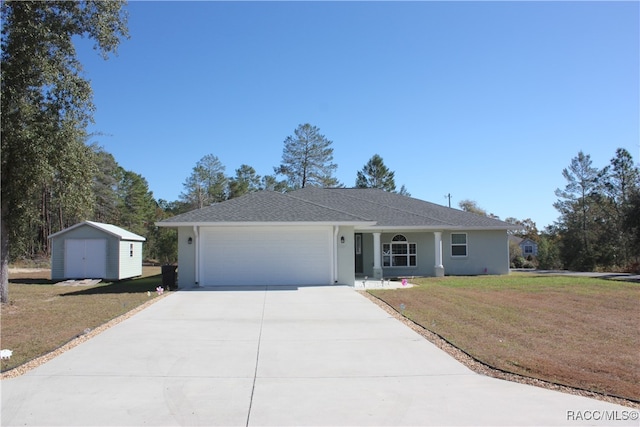 single story home with a shed and a front lawn