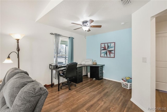 office space featuring ceiling fan and dark wood-type flooring