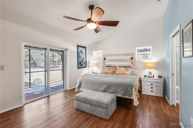 bedroom featuring access to exterior, vaulted ceiling, ceiling fan, and dark wood-type flooring