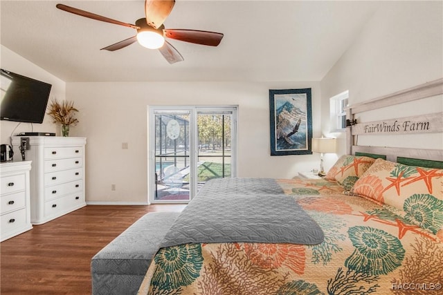 bedroom featuring dark hardwood / wood-style flooring, ceiling fan, access to exterior, and lofted ceiling