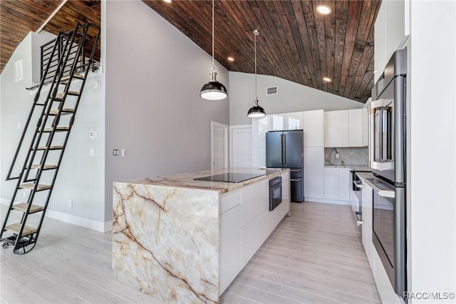 kitchen featuring decorative light fixtures, white cabinetry, a kitchen island, and wood ceiling