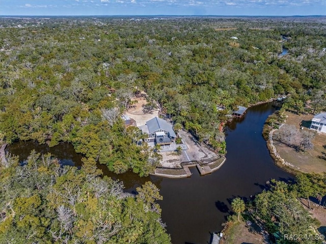 drone / aerial view with a forest view and a water view