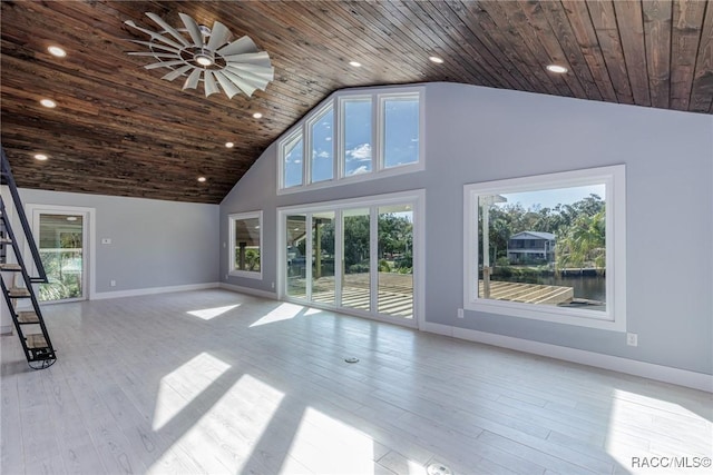 unfurnished living room with ceiling fan, light wood-type flooring, wooden ceiling, and lofted ceiling