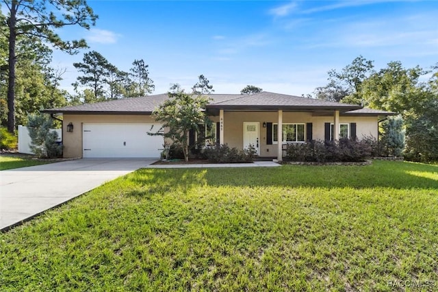 single story home with a garage and a front yard