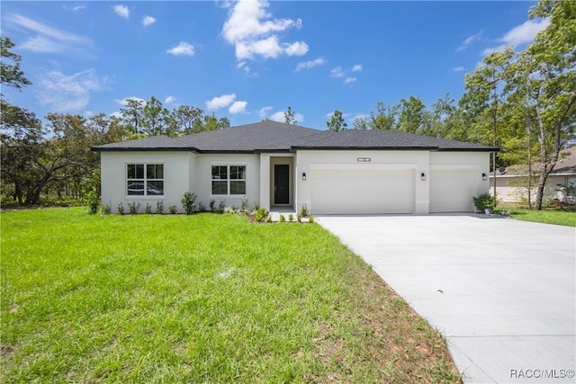 ranch-style house with stucco siding, driveway, a front lawn, and a garage