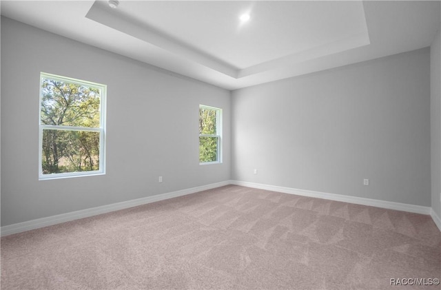 unfurnished room featuring carpet floors, a tray ceiling, baseboards, and a healthy amount of sunlight
