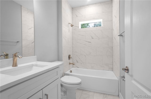 full bath with toilet, shower / tub combination, marble finish floor, and vanity