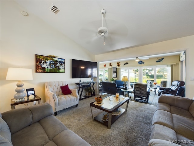 living room with carpet, high vaulted ceiling, and ceiling fan