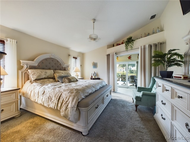 carpeted bedroom featuring access to outside, multiple windows, ceiling fan, and lofted ceiling