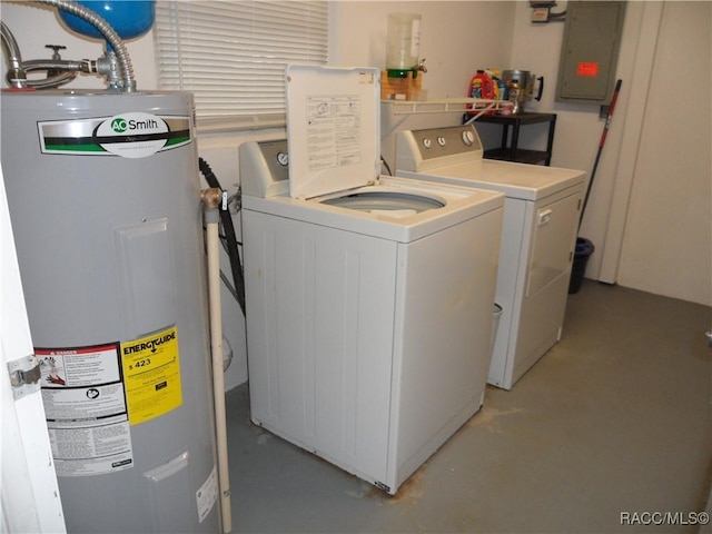 clothes washing area with washer and dryer, electric water heater, and electric panel