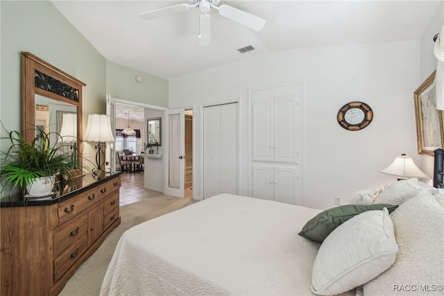 761 W Sunbird Path, Hernando, FL 34442 - bedroom with lofted ceiling, light colored carpet, light tile patterned floors, and ceiling fan