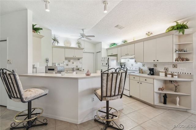 761 W Sunbird Path, Hernando, FL 34442 - kitchen with white appliances, open shelves, under cabinet range hood, ceiling fan, and a peninsula