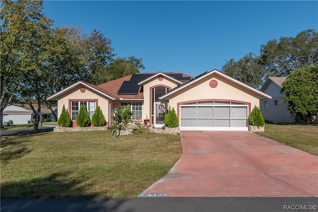 single story home featuring a front lawn, a garage, and solar panels