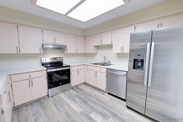 kitchen featuring light hardwood / wood-style floors, white cabinetry, sink, and appliances with stainless steel finishes