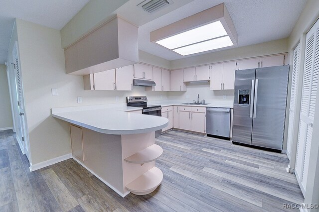 kitchen featuring sink, light wood-type flooring, appliances with stainless steel finishes, white cabinetry, and kitchen peninsula