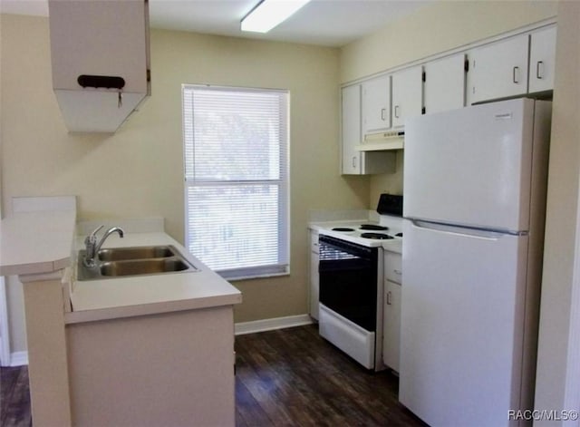 915 SE Mayo Dr, Crystal River, FL 34429 - kitchen featuring freestanding refrigerator, range with electric stovetop, a sink, under cabinet range hood, and dark wood-type flooring