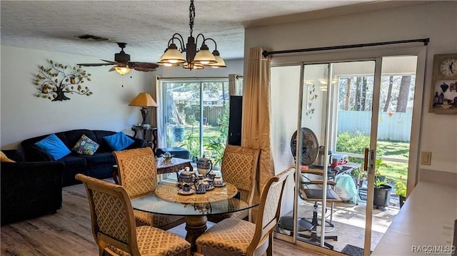 dining area featuring ceiling fan with notable chandelier, wood-type flooring, and a textured ceiling