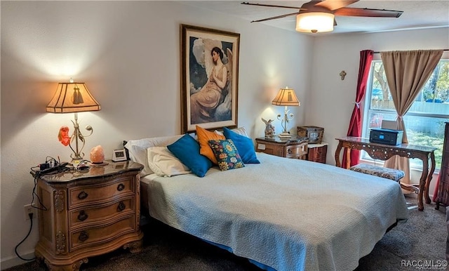 bedroom featuring carpet flooring and ceiling fan