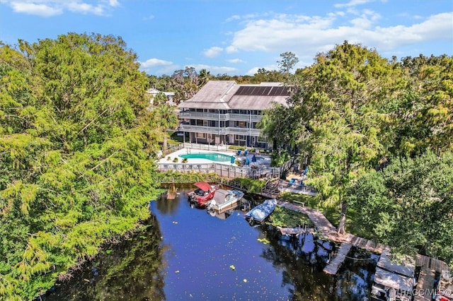 aerial view featuring a water view