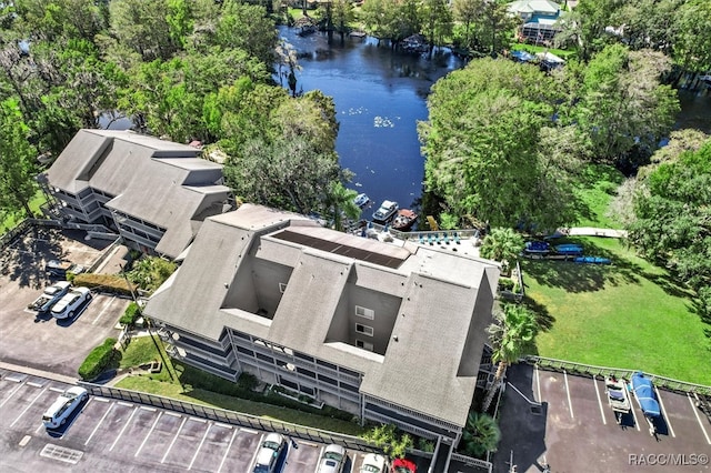 drone / aerial view featuring a water view