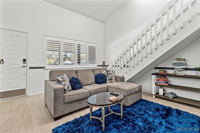 living room with crown molding, hardwood / wood-style floors, and a textured ceiling