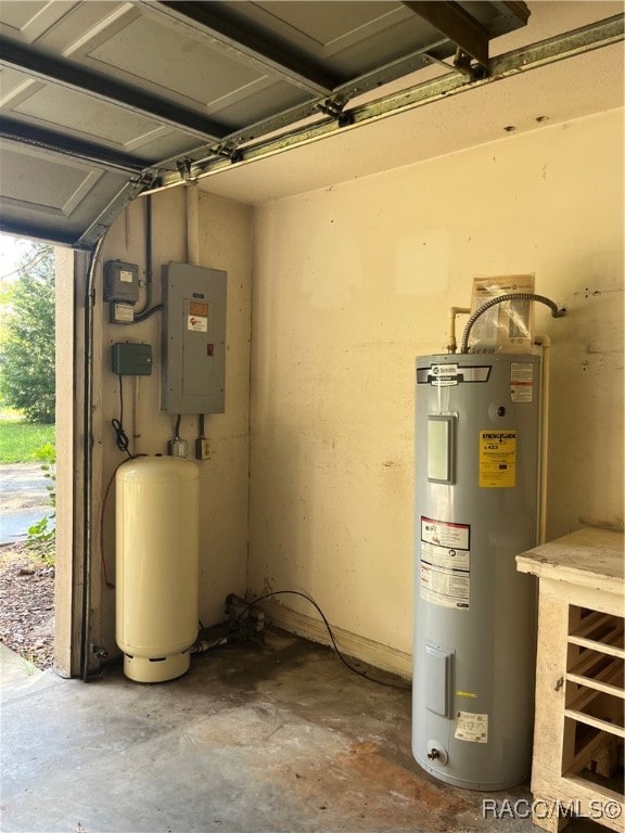 utility room featuring water heater and electric panel