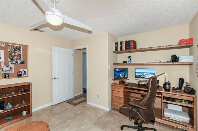 office area featuring ceiling fan and a textured ceiling