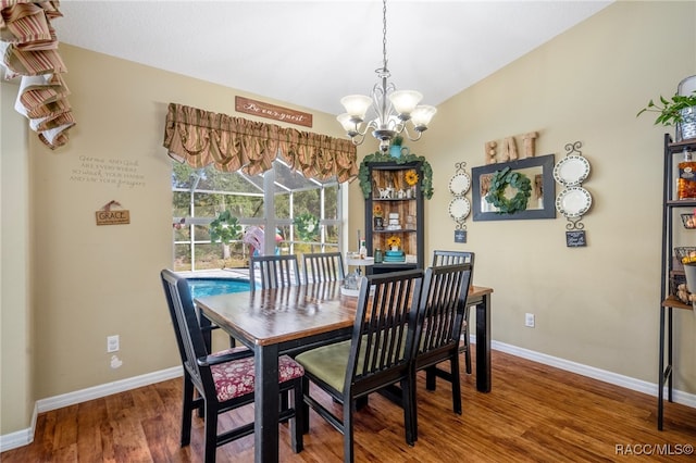 dining area featuring lofted ceiling, wood-type flooring, and a chandelier