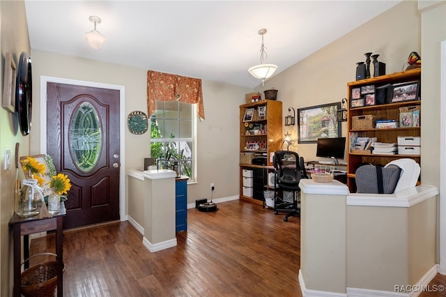 home office with dark wood-type flooring