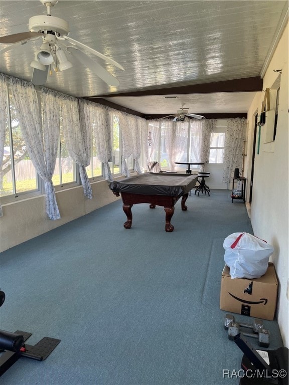 game room featuring carpet, ceiling fan, and billiards