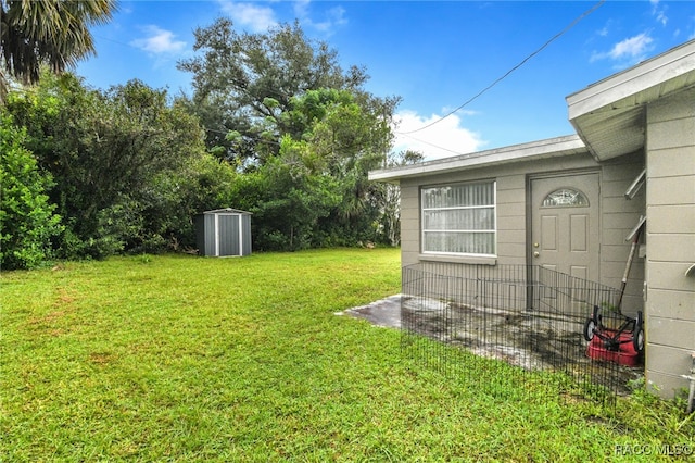 view of yard with a storage shed